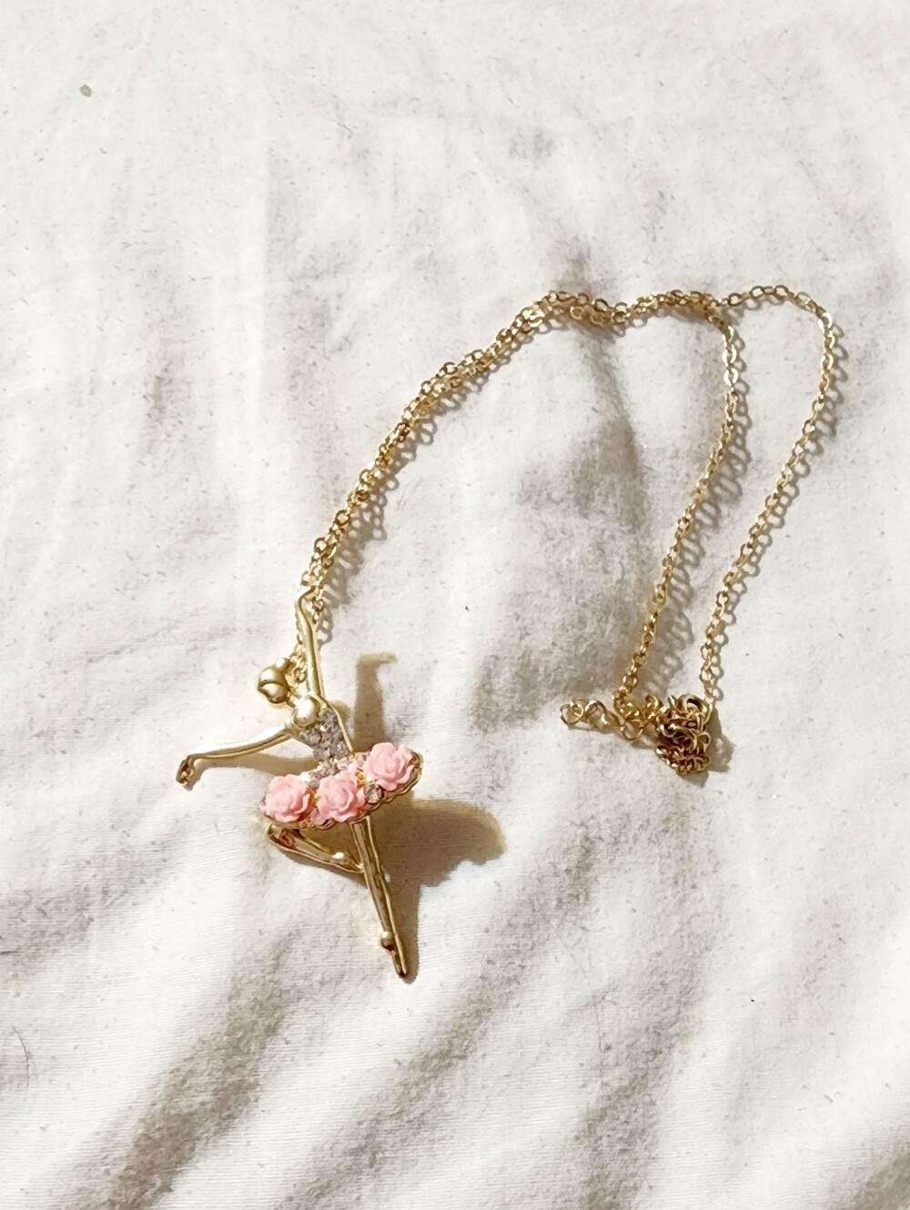 Gold Ballerina Pendant Necklace with Pink Rose Accents